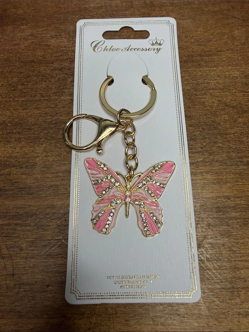 Pink and Rhinstone Butterfly Keychain Bag Charm with Gold Hardware